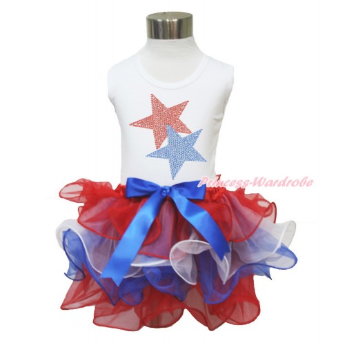  American's Birthday White Tank Top With Sparkle Crystal Bling Rhinestone Red Blue Twin Star Print With Royal Blue Bow Red White Blue Petal Pettiskirt MG1217 